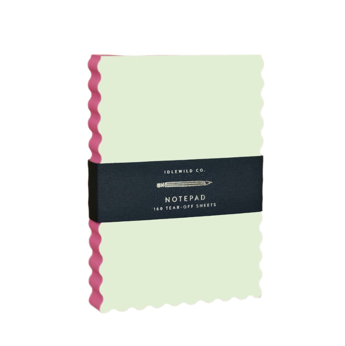 Scallop-shaped cream notepad with pink edge-painted sides, 160 tear-off blank pages, wrapped in black belly band by Idlewild Co.