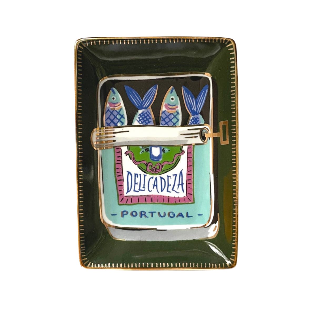 Ceramic trinket dish featuring hand-painted sardine tin design with gold trim, inspired by Portugal, from Idlewild Co