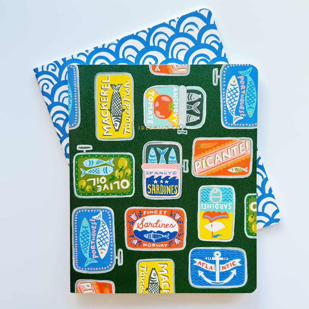 Notebook with colorful labels on a white background