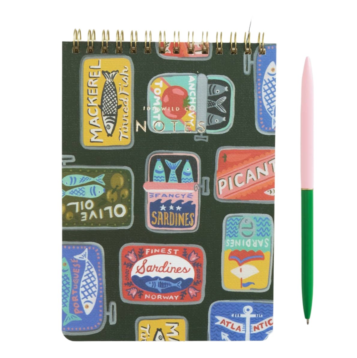 Idlewild Co. jotter with sardine tin illustrations, spiral-bound, 100 lined perforated pages