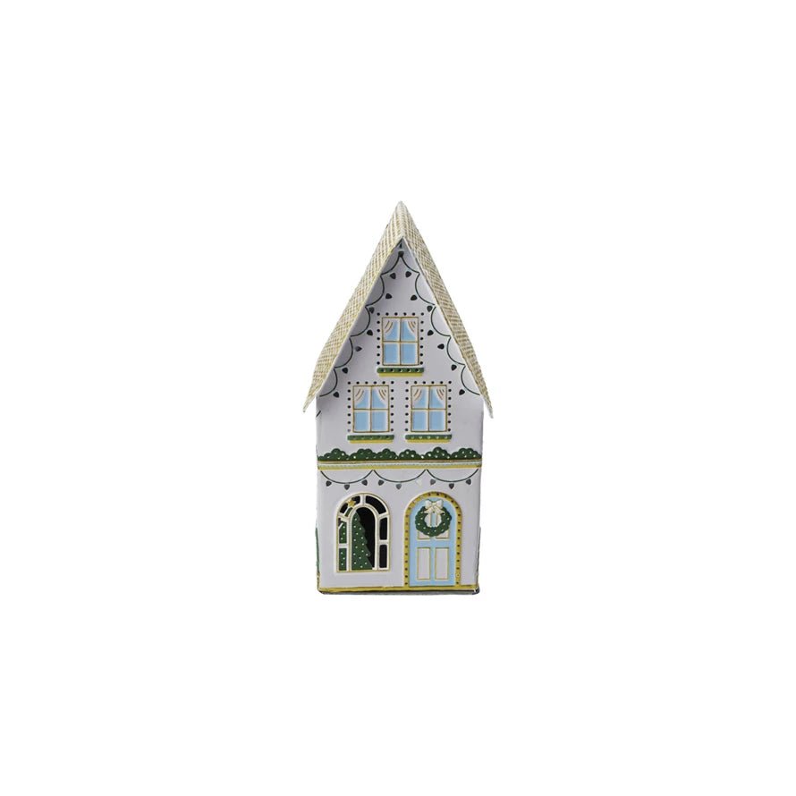 Decorative metal holiday house with festive painted cut-outs