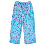 Children’s Jazzy Jewels plush pants with bright gemstone print on blue fabric, elastic waistband, and front pockets.