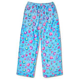 Children’s Jazzy Jewels plush pants with bright gemstone print on blue fabric, elastic waistband, and front pockets.