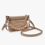 Clear handbag with beige strap and chain detail on a white background