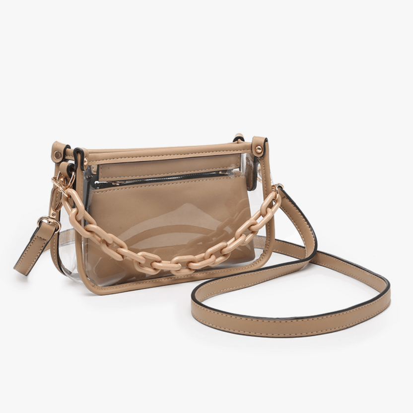 Clear handbag with beige strap and chain detail on a white background