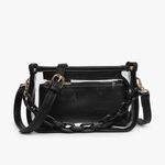 Black handbag with chain detail on a white background