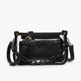Black handbag with chain detail on a white background