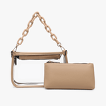 Beige handbag with chain handle and matching pouch on a white background
