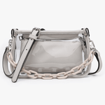 Clear handbag with a chain detail on a white background