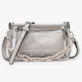 Clear handbag with a chain detail on a white background