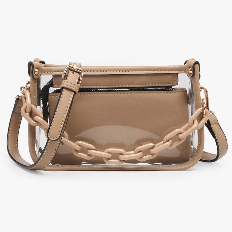 Beige handbag with transparent chain strap on a white background