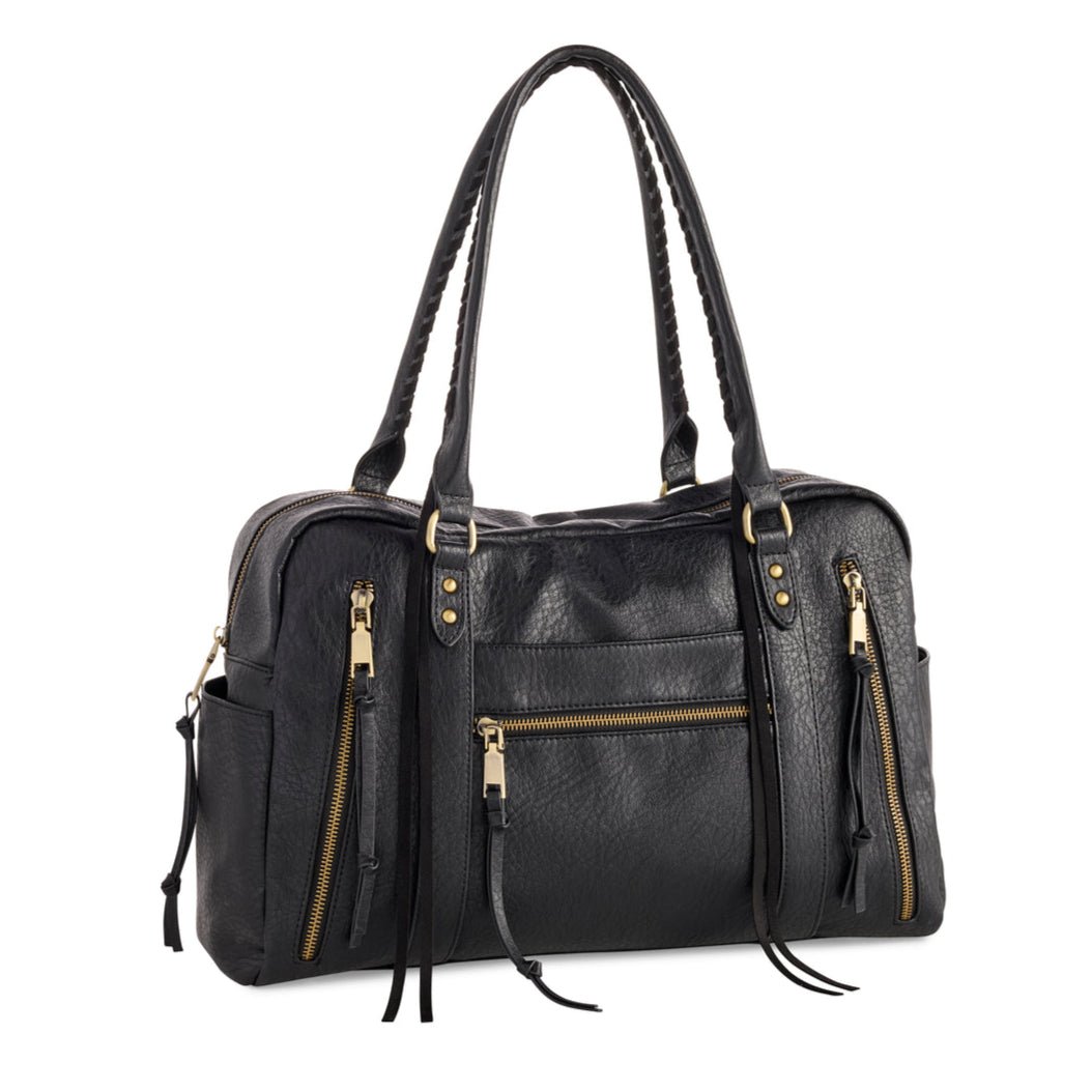 Black structured bowling bag with gold zippers and tassel accents