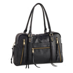 Black structured bowling bag with gold zippers and tassel accents