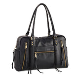 Black structured bowling bag with gold zippers and tassel accents