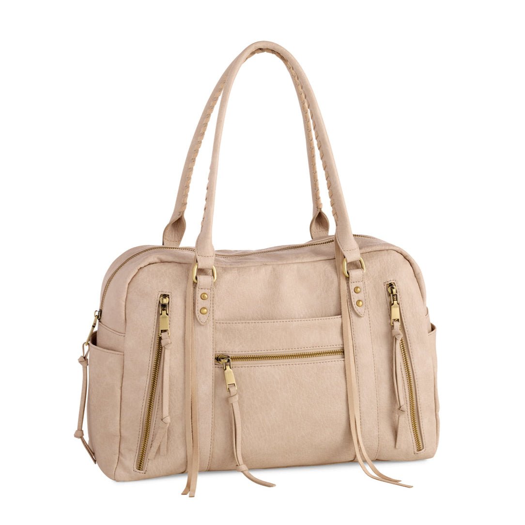 Stone-colored vegan leather bowling bag with gold zippers and multiple compartments