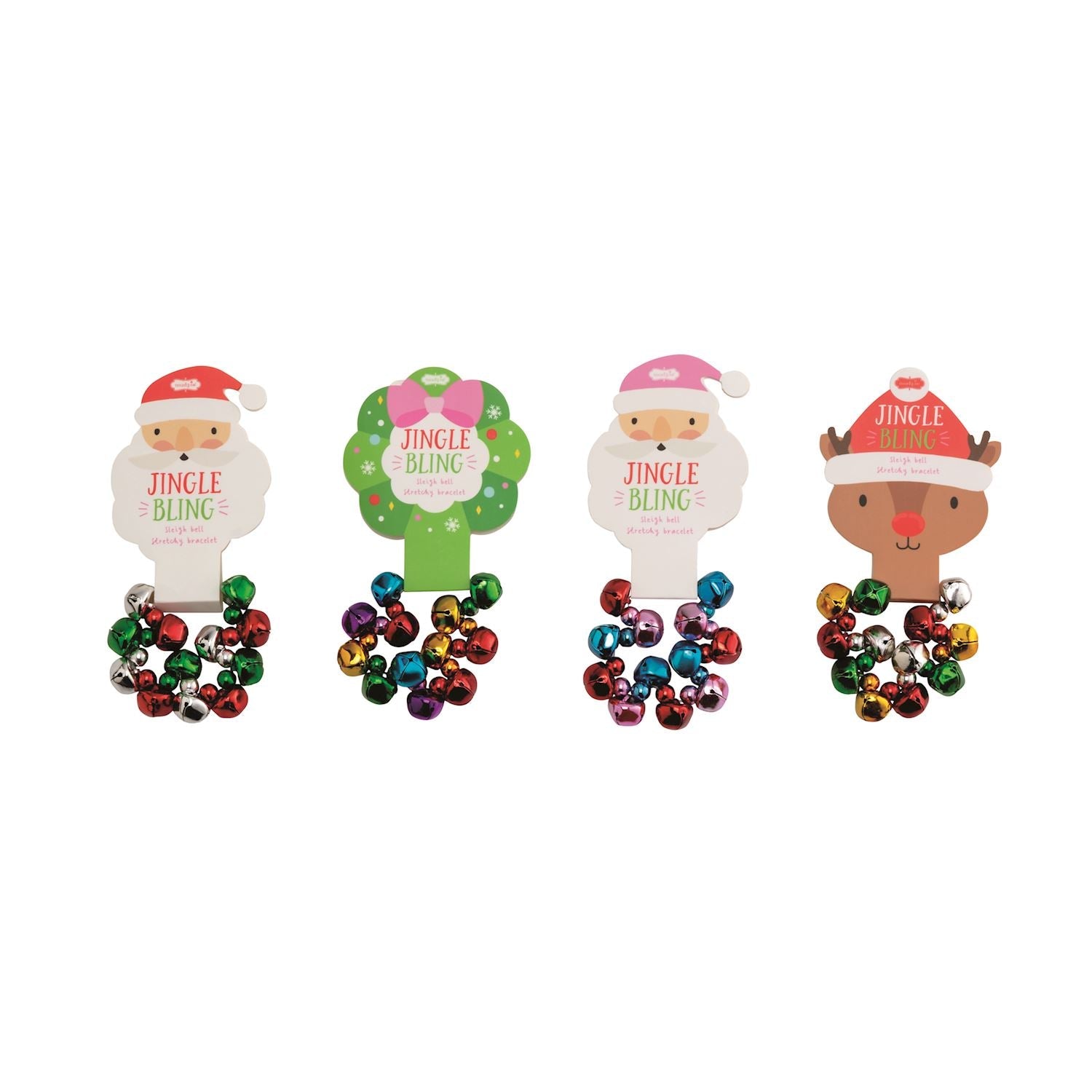 Four kids’ stretchy sleigh bell bracelets on holiday-themed packaging including Santa, reindeer, and wreath