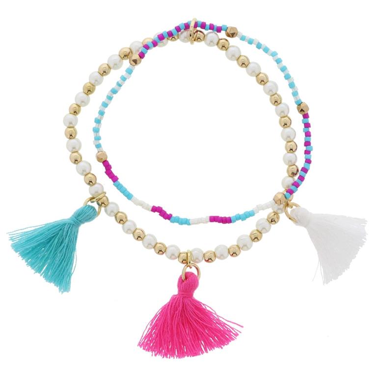 Kids 2 Strand, Magenta, Turquoise, Pearl, Gold Bead Bracelet by Jane Marie at Confetti Gift and Party