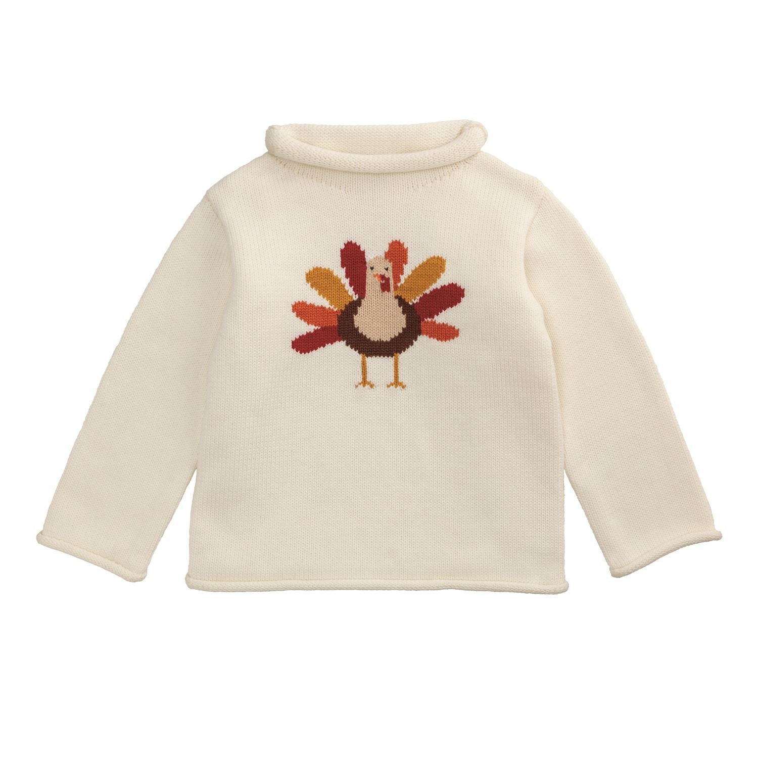 Cream-colored sweater with a turkey design on a white background