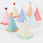 Set of 8 colorful party hats with pom-poms and fringe, perfect for birthdays and celebrations