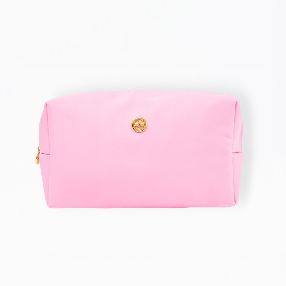 Pink pouch with a gold clasp on a white background