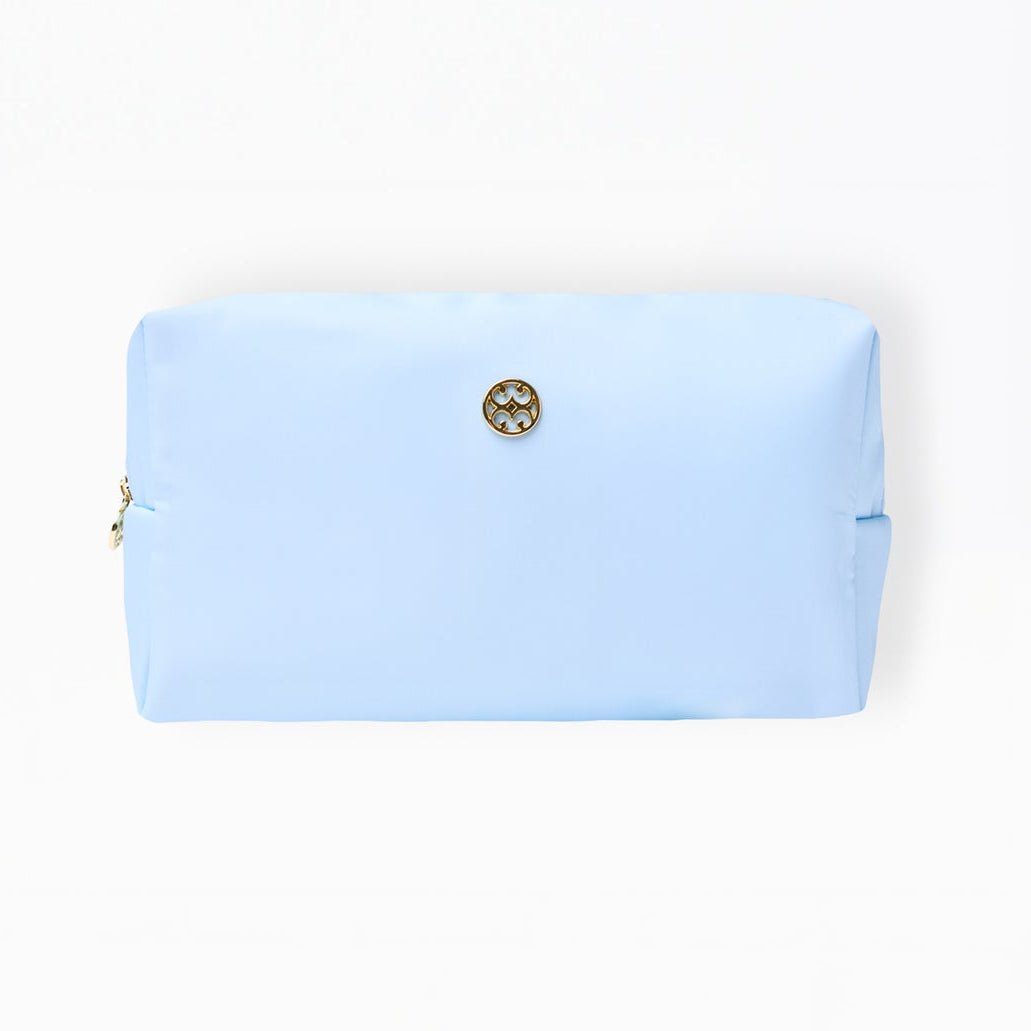 Light blue pouch with a brand logo on a white background