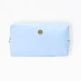 Light blue pouch with a brand logo on a white background
