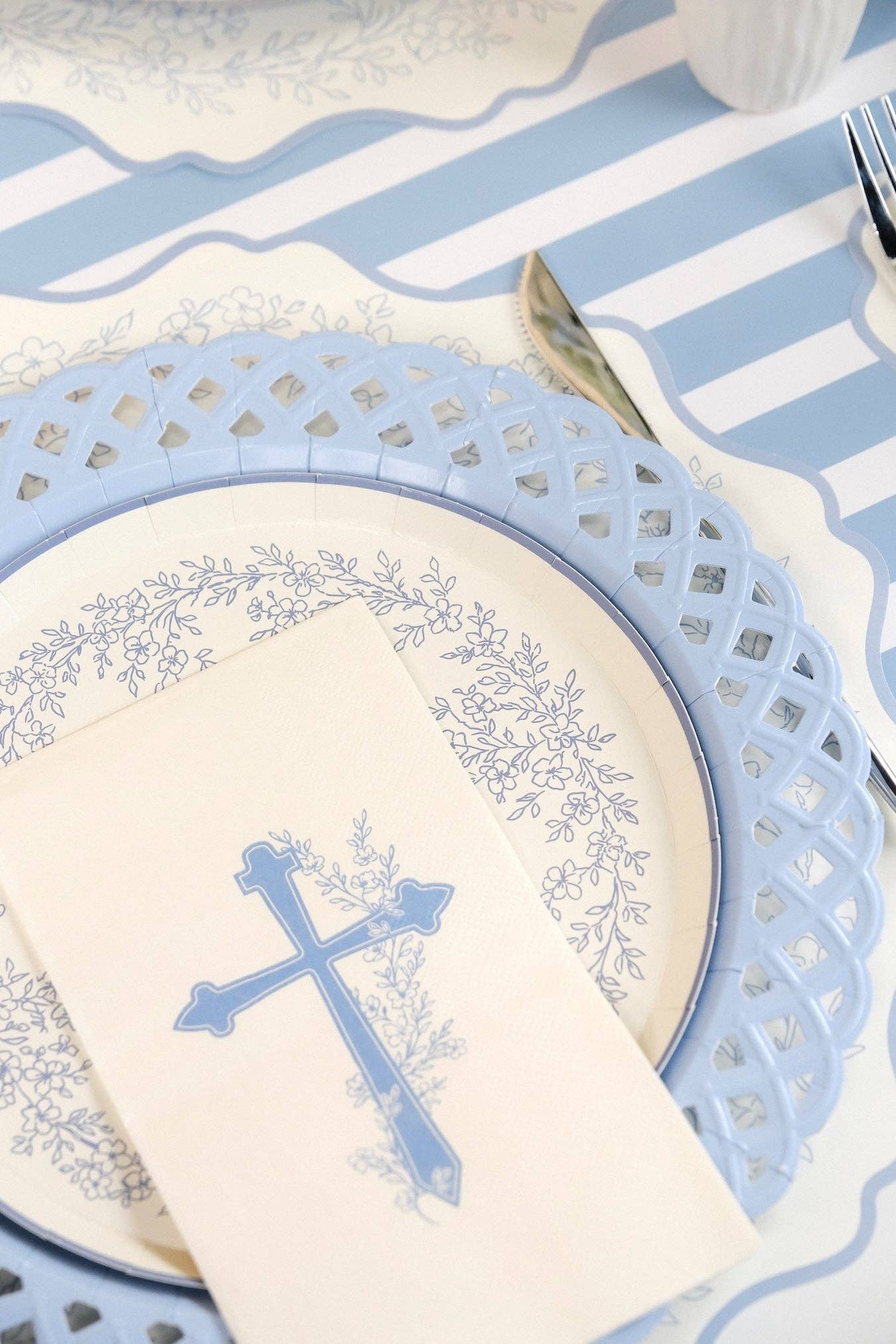 Light Blue Basketweave Paper Dinner Plates by Gatherings by Curated Paperie at Confetti Gift and Party Tuscaloosa Alabama