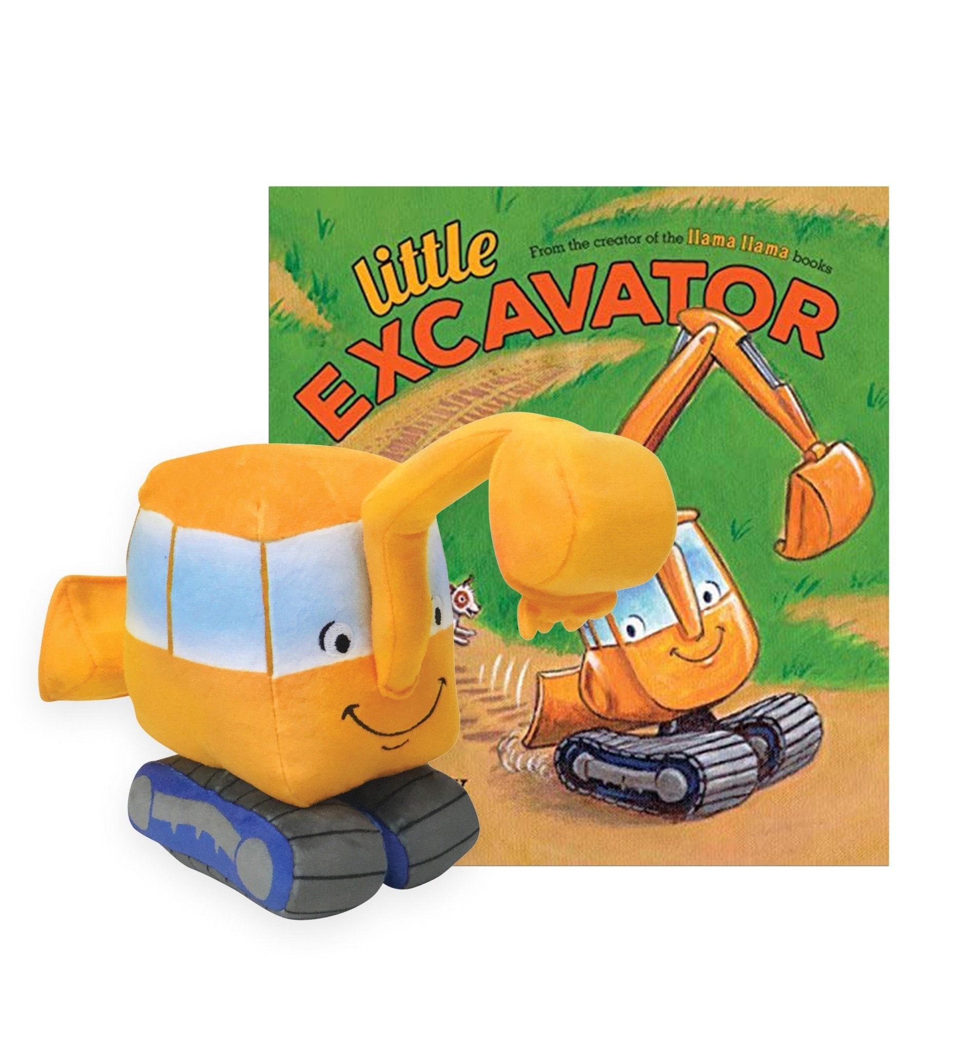 Little Excavator children’s book with matching soft plush excavator toy featuring embroidered details.