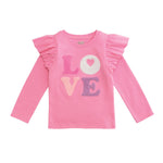 Pink toddler long sleeve tee with ruffle shoulders and “LOVE” appliqué letters
