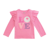 Pink toddler long sleeve tee with ruffle shoulders and “LOVE” appliqué letters