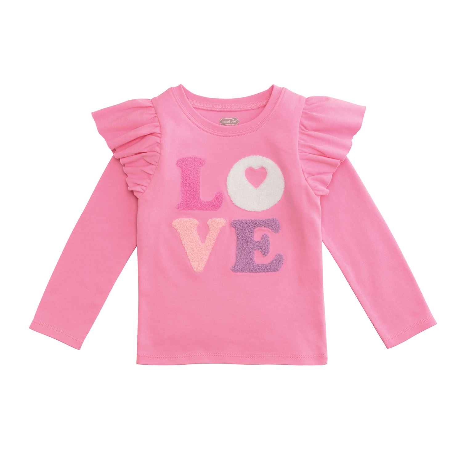 Pink toddler long sleeve tee with ruffle shoulders and “LOVE” appliqué letters