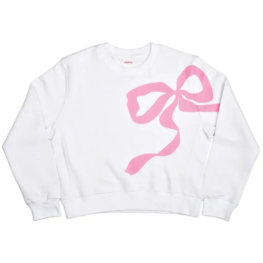 Children’s white Lovely Bow sweatshirt with oversized pink bow graphic, long sleeves, and crew neckline.
