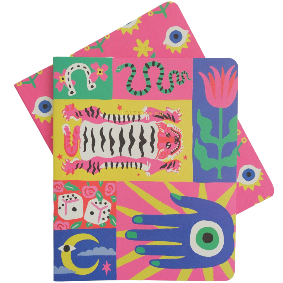 Colorful 2-pack notebook set by Idlewild Co. featuring mystical illustrations like a tiger, hamsa, evil eye, snake, and moon