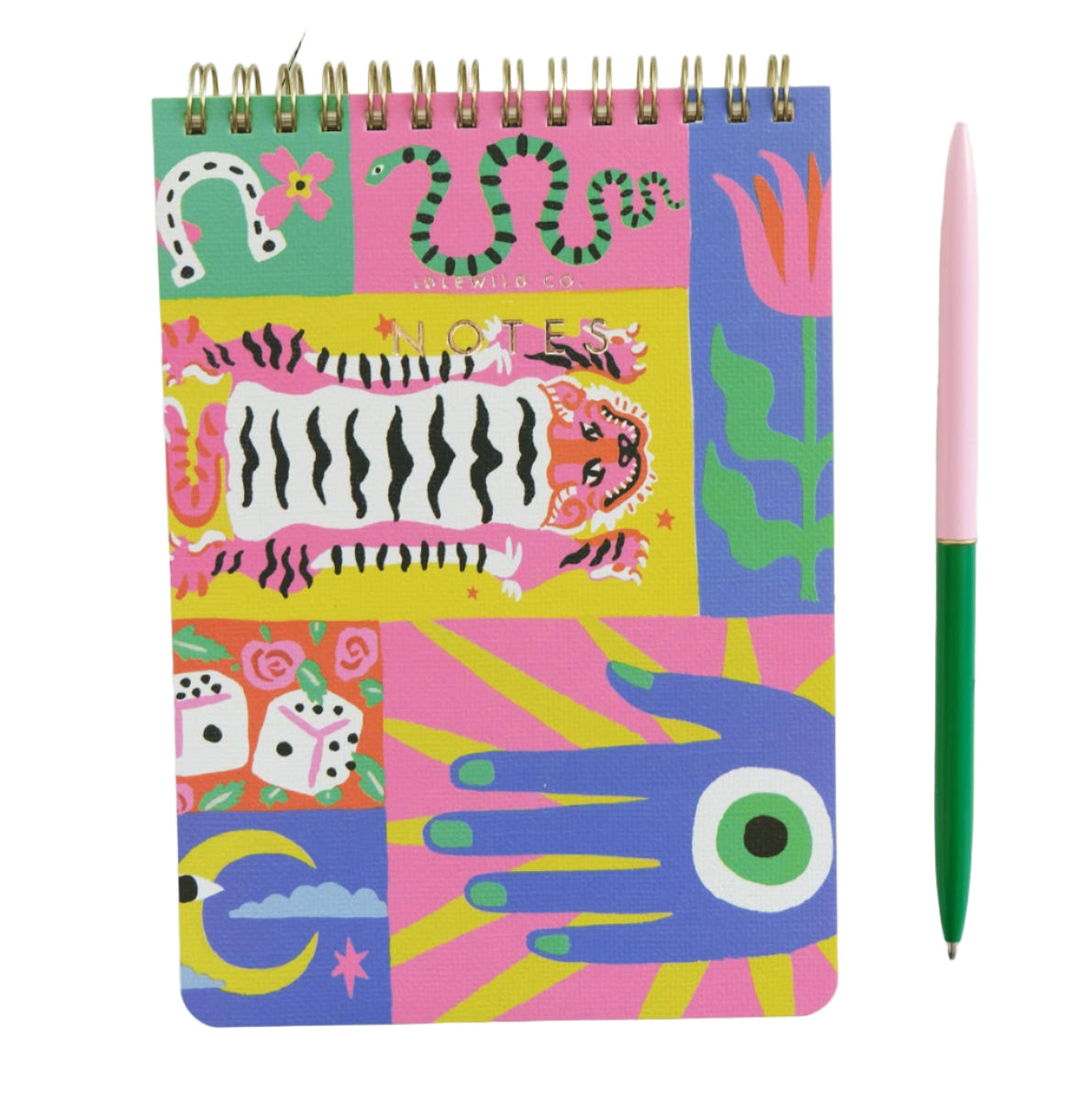 Colorful notebook with animal illustrations on a white surface