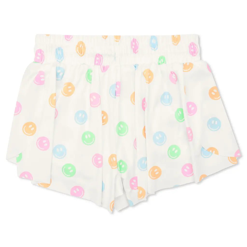 White butterfly shorts with colorful pastel smiley face print for girls