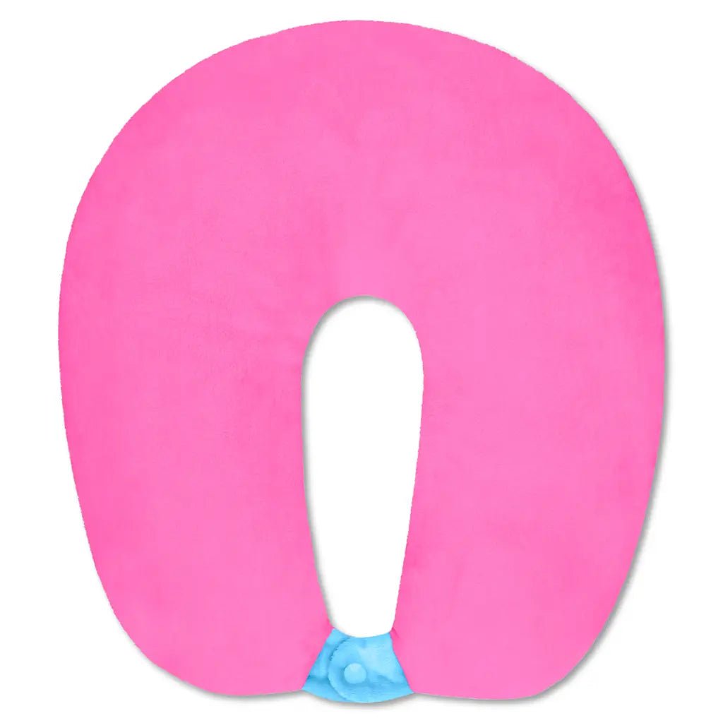 Fleece neck pillow with embroidered pastel smiley faces and snap closure.