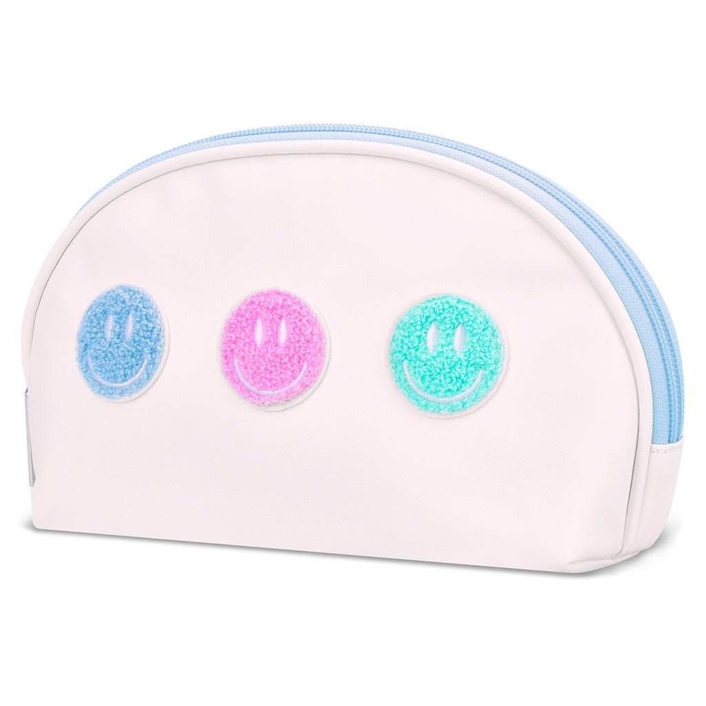 White oval cosmetic bag with pastel smiley face patches and blue zipper