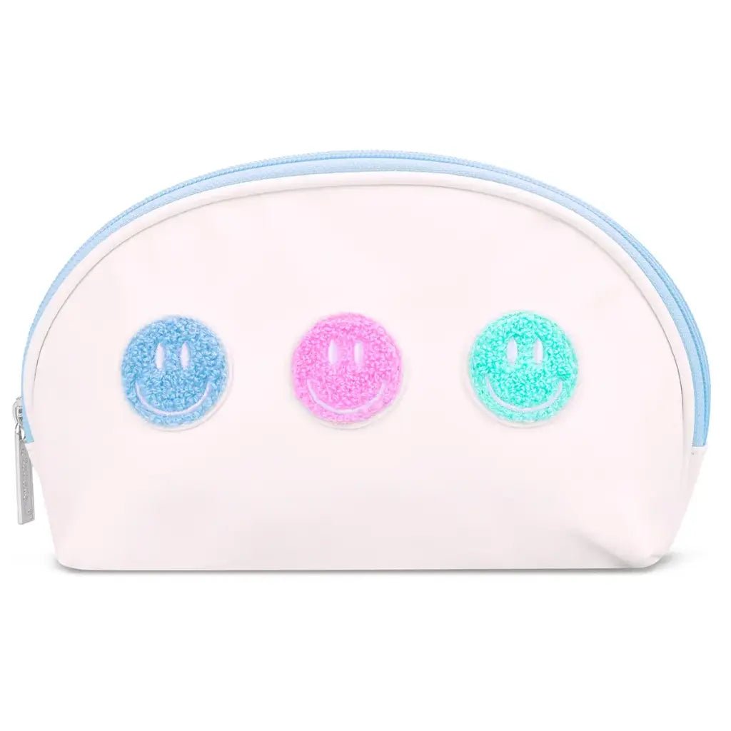White oval cosmetic bag with pastel smiley face patches and blue zipper