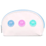 White oval cosmetic bag with pastel smiley face patches and blue zipper