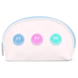 White oval cosmetic bag with pastel smiley face patches and blue zipper