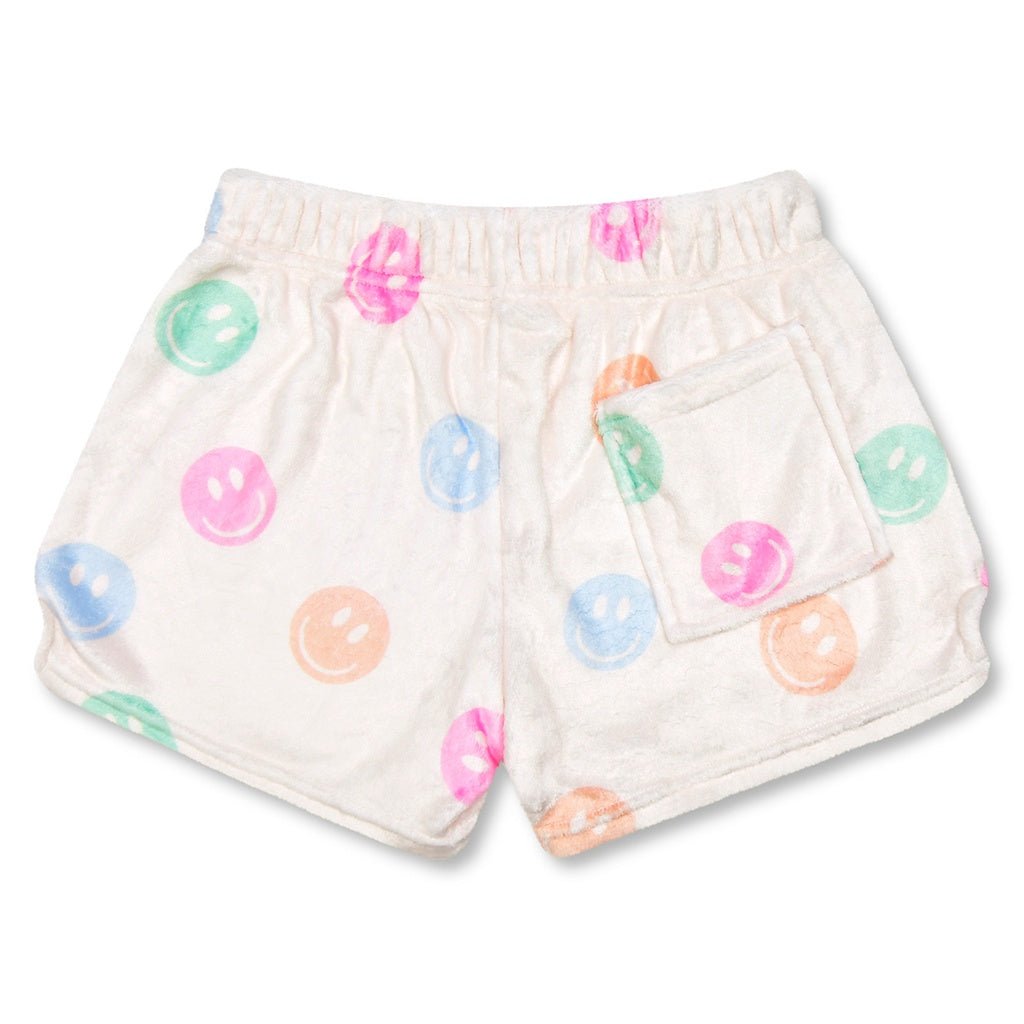 White plush shorts with pastel smiley face print for girls