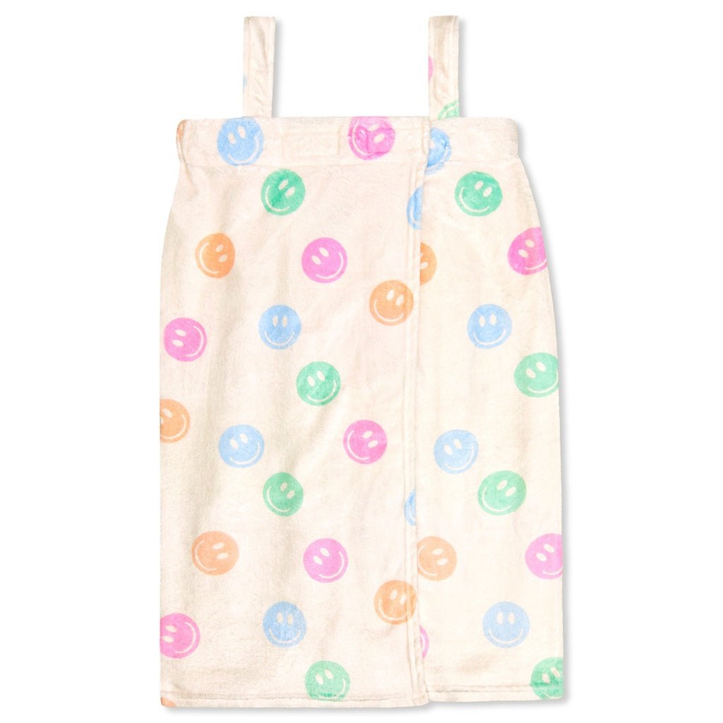 Cream spa wrap with colorful pastel smiley face print and adjustable straps