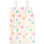 Cream spa wrap with colorful pastel smiley face print and adjustable straps