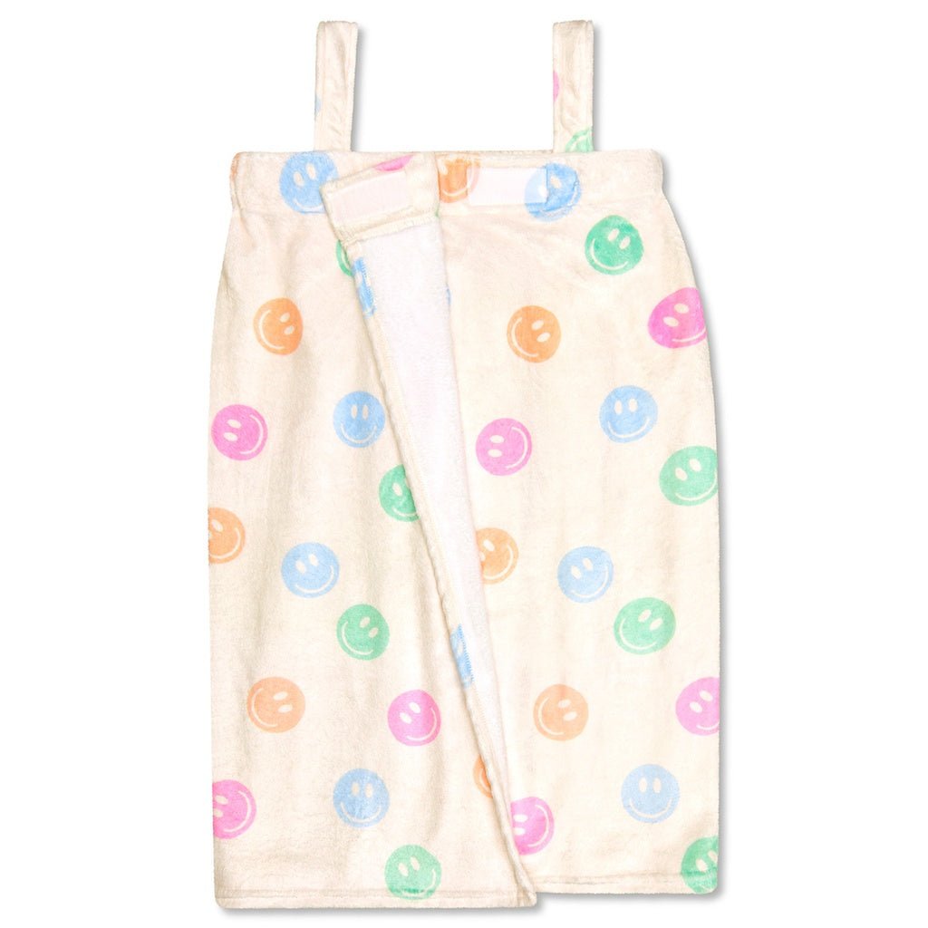 Cream spa wrap with colorful pastel smiley face print and adjustable straps