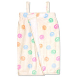 Cream spa wrap with colorful pastel smiley face print and adjustable straps