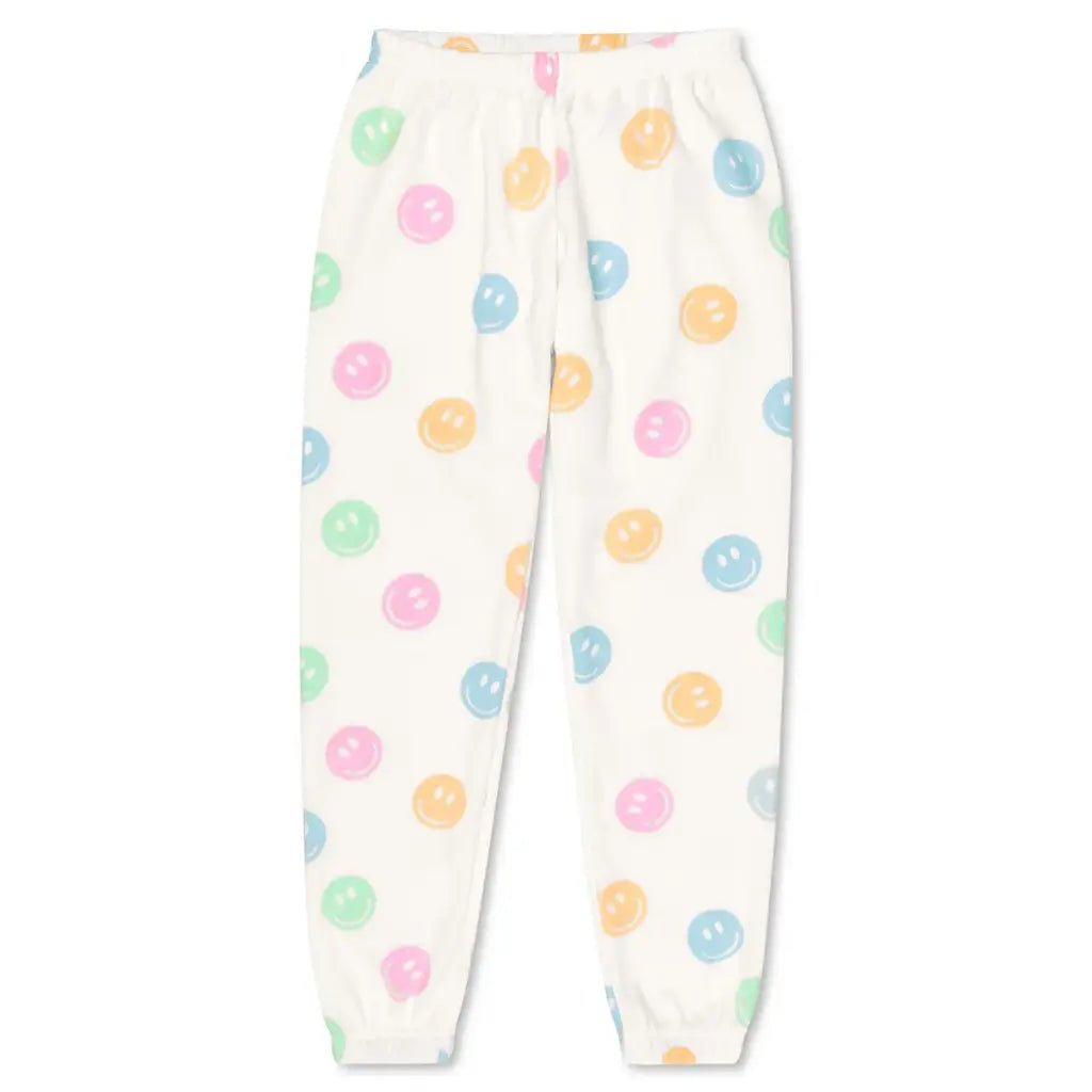 White jogger sweatpants with pastel smiley face print for girls