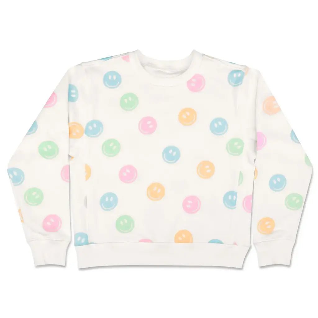 White sweatshirt with pastel smiley face print for girls