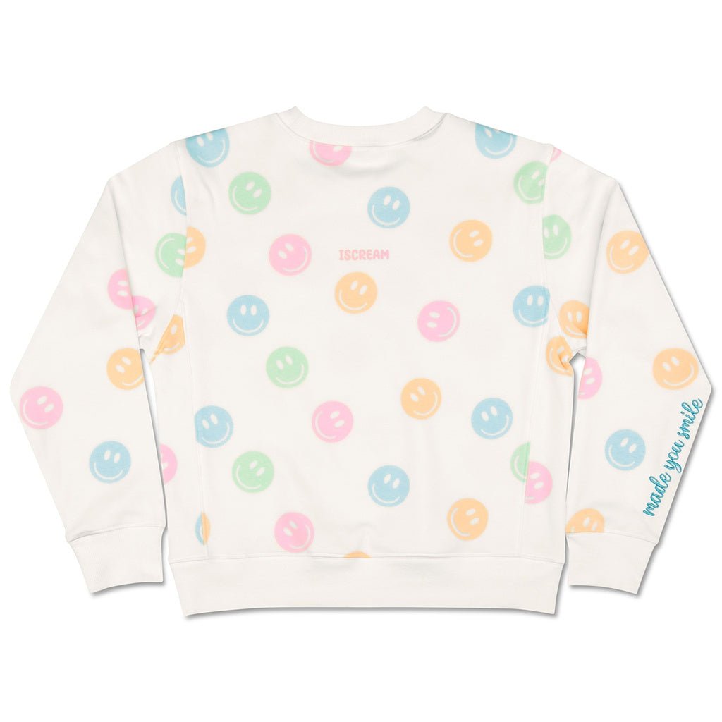 White sweatshirt with pastel smiley face print for girls