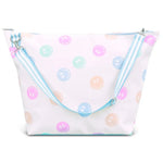 White weekender bag with pastel smiley face print and blue striped adjustable strap