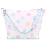 White weekender bag with pastel smiley face print and blue striped adjustable strap